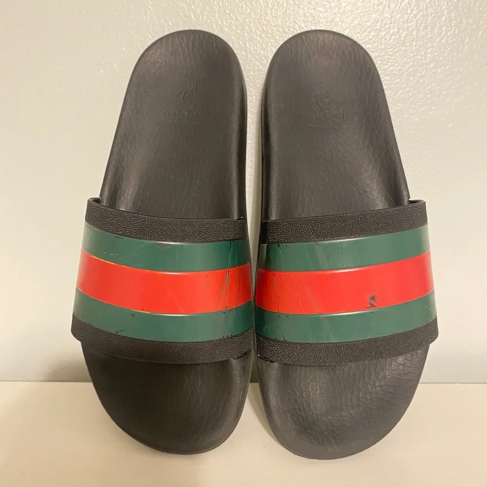 Gucci Black Slides with Green and Red Stripe